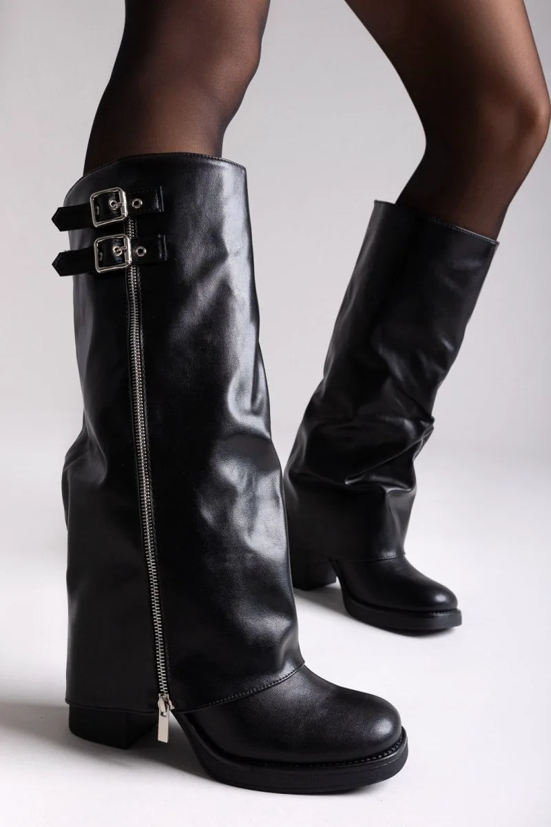 ERYNN Knee-High Buckle Boots with Block Heel - RXJ-290 - Black Matte