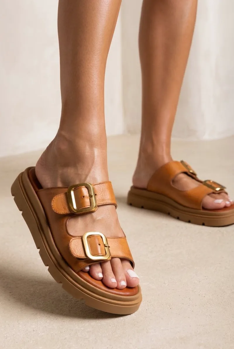TFP Leather Buckle Flatform Sandals - 519 - Tan