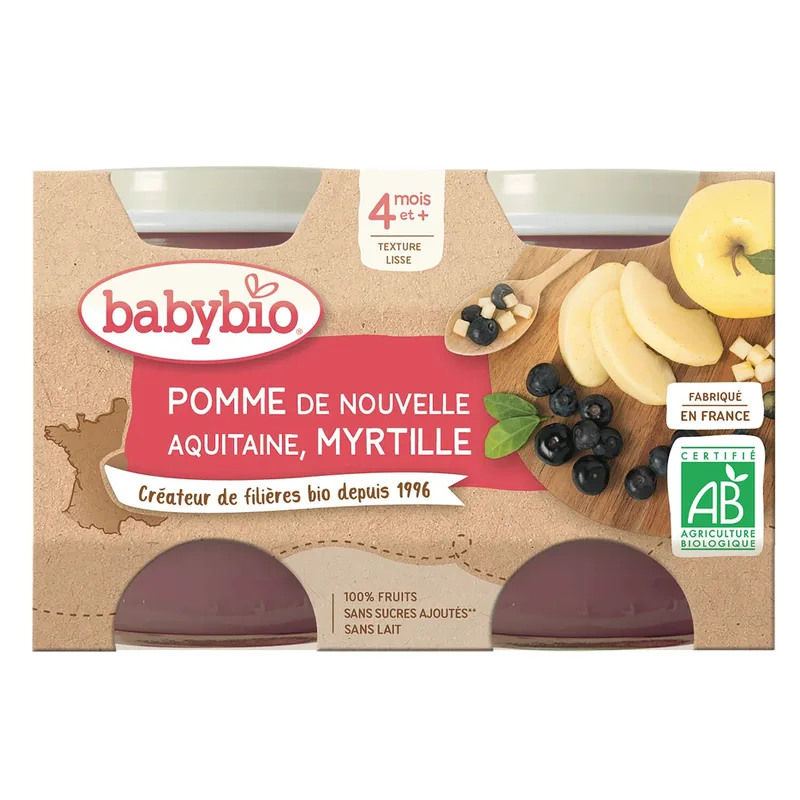 Babybio Fruit Jars - 4 months and more - Apple, Blueberry - ORGANIC 2x130 g