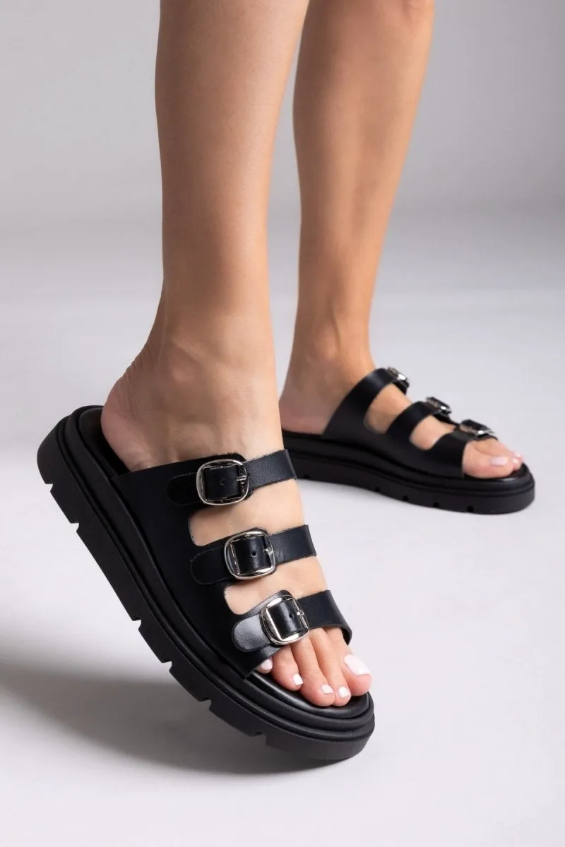 TFP Leather Flatform Sandals Three Straps - 4533 (ματ δέρμα) - Black