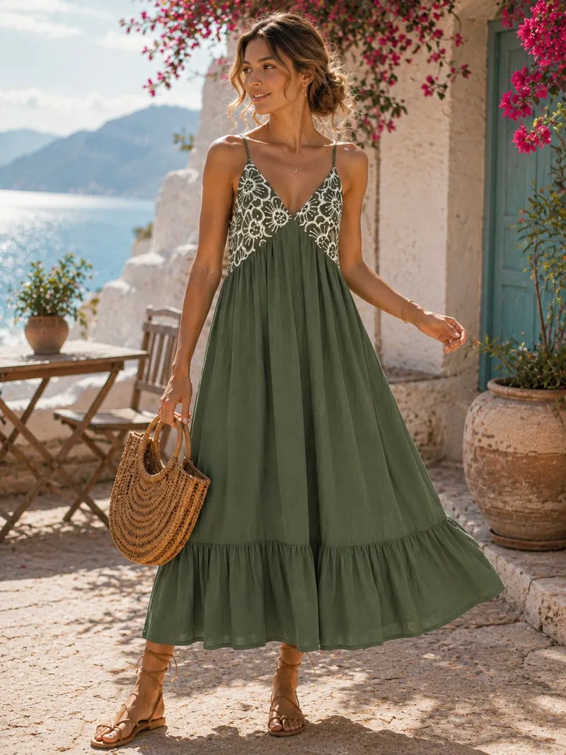 Maxi Φόρεμ Με Τιράντες Και Αέρινη Γραμμή - Χακί | Dress Up Χακί