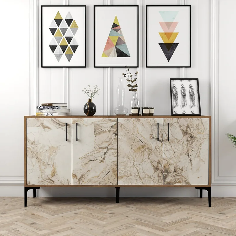 Κονσόλα Kiev 160 - Walnut, White Marble 845Hct5324 (160x78x35 cm)