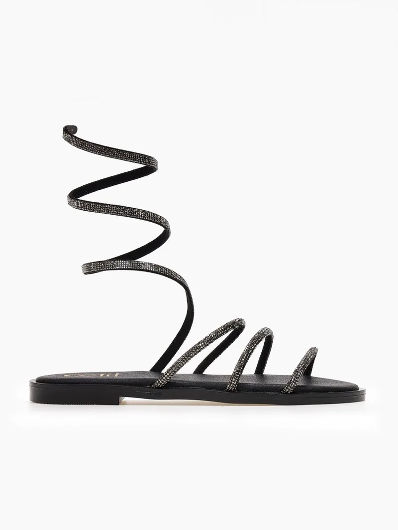 Estil Leather Rhinestone Cuff Sandals - NK-031 - Black
