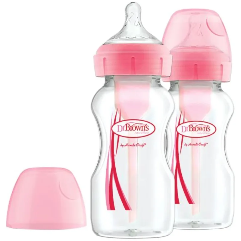 Dr. Brown’s Μπιμπερό Πλαστικό Options+ Anti-colic με Φαρδύ Λαιμό 0m+, 2x270ml, Κωδ WB92601 - Ροζ