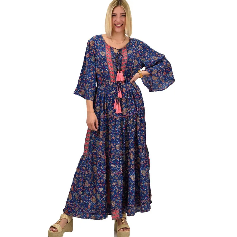 Γυναικείο μεταξωτό boho φόρεμα με βολάν Μπλε Σκούρο 20540