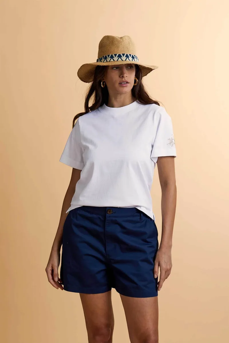La Martina γυναικείο T-shirt με κεντημένο λογότυπο στο μανίκι Boxy Fit "Corina" - WCR001-JS303 Λευκό