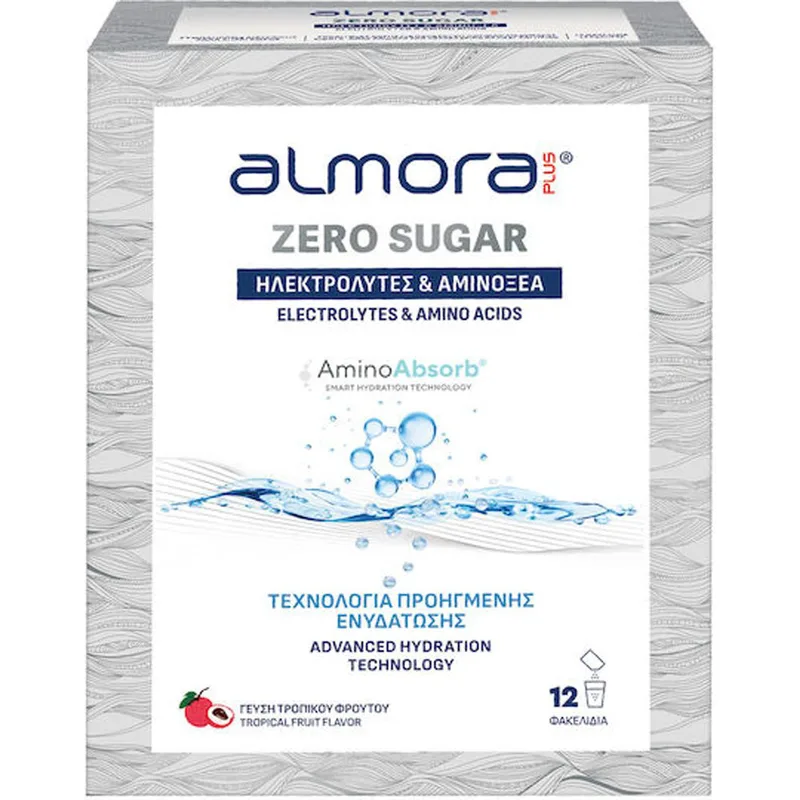 Almora Plus Zero Sugar Electrolytes & Amino Acids Συμπλήρωμα Διατροφής Ηλεκτρολυτών, Αμινοξέων & Βιταμίνης C για την Ενυδάτωση του Οργανισμού με Γεύση Τροπικού Φρούτου Χωρίς Ζάχαρη 12 Sachets
