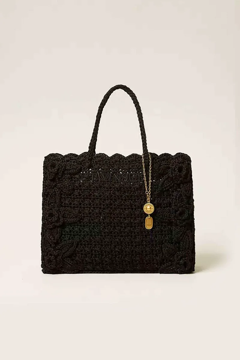 Twinset γυναικεία πλεκτή τσάντα ώμου shopper με γούρι - 261TB7510 Μαύρο