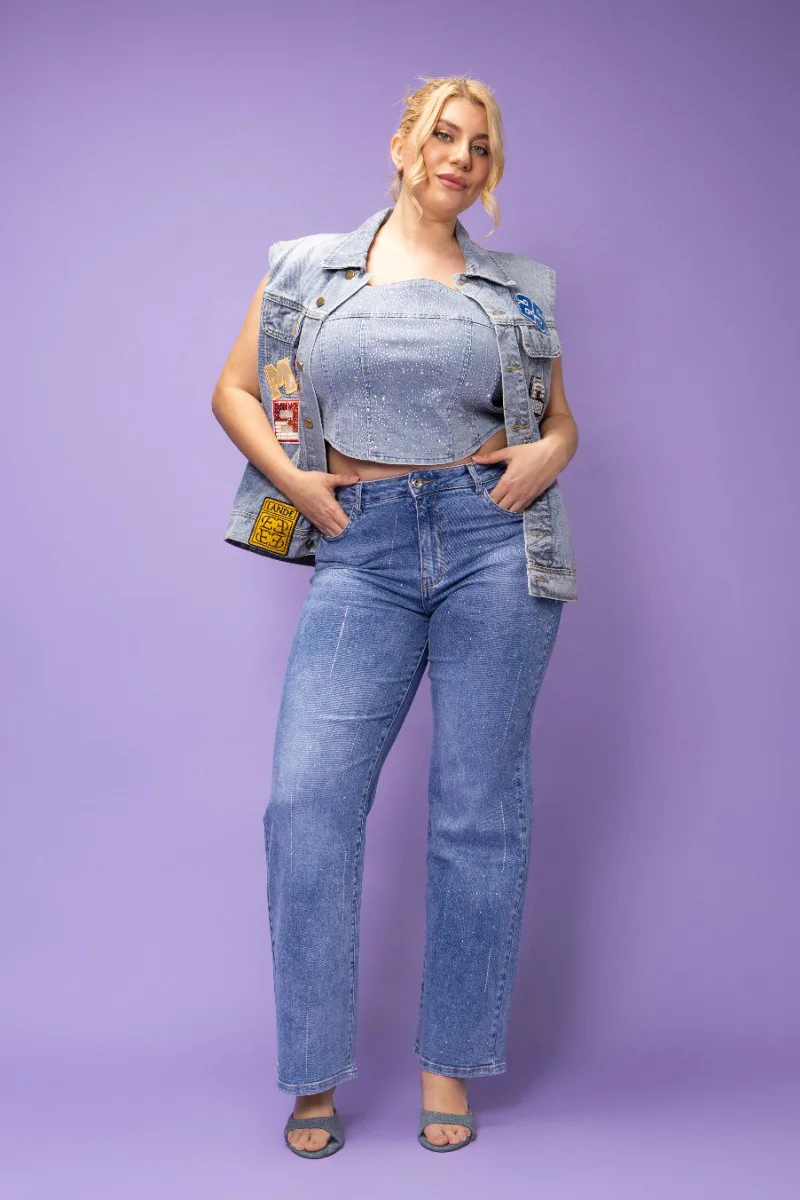 Μπούστο jean με στρας σε denim light blue χρώμα plus size