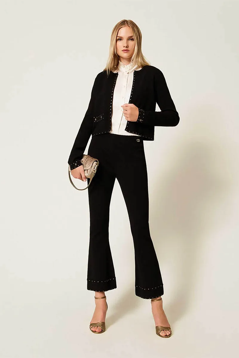 Twinset γυναικείο παντελόνι cropped μονόχρωμο με διακοσμητικά τρουκς - 252TP3273 Μαύρο