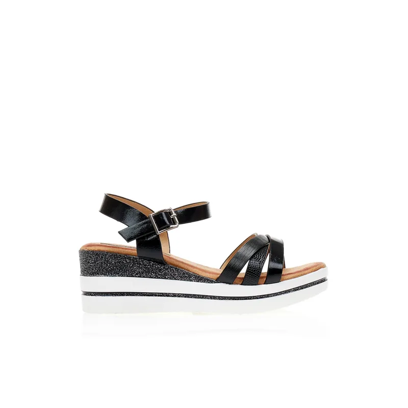 Πλατφόρμες μαύρες δερματίνη με animal print και λούρεξ λεπτομέρειες ΜΑΥΡΟ
