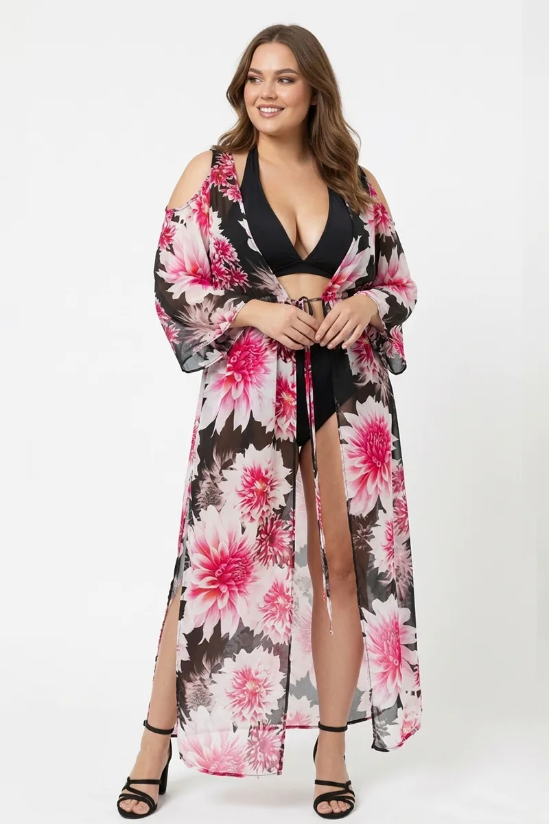 Floral καφτάνι με cut-out μανίκια σε μαύρο/ροζ χρώμα