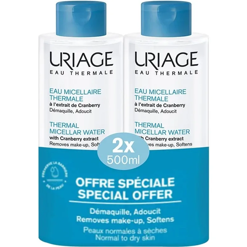 Uriage Promo Eau Thermale Micellar Water with Cranberry Extract Normal to Dry Skin Ιαματικό Μικυλλιακό Νερό Προσώπου - Ματιών για Καθαρισμό & Ντεμακιγιάζ, Κατάλληλο για Κανονική προς Ξηρή Επιδερμίδα με Εκχύλισμα Cranberry 1Lt (2x500ml)