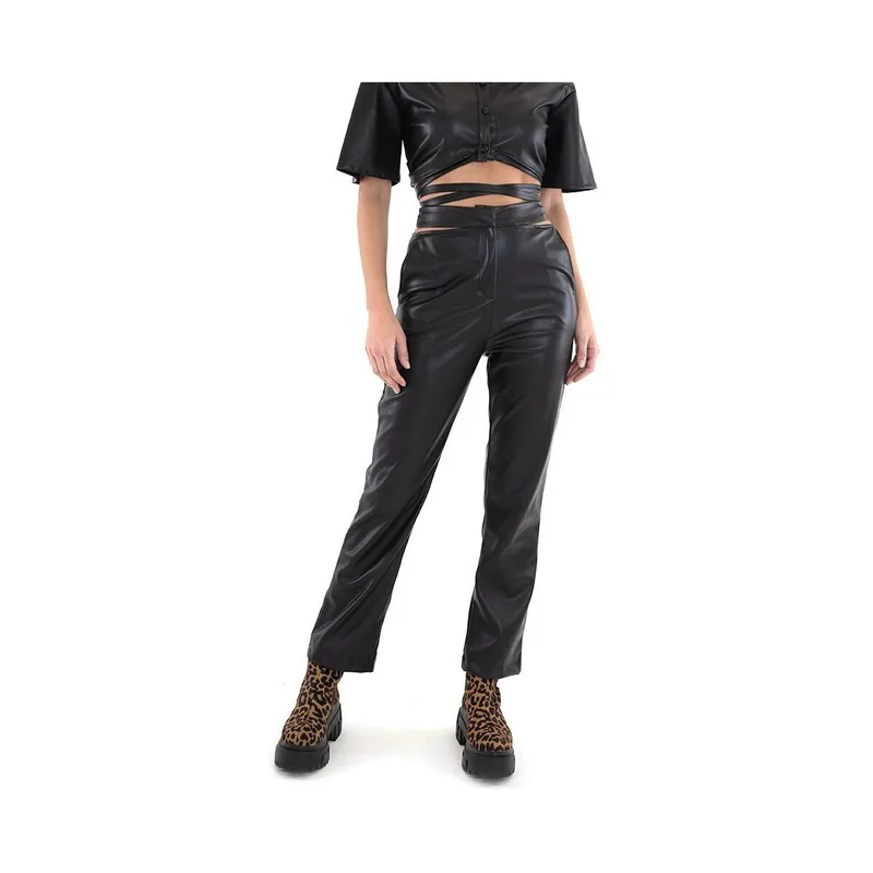 Παντελόνια Lace FAUX LEATHER HIGH WAIST PANTS WOMEN