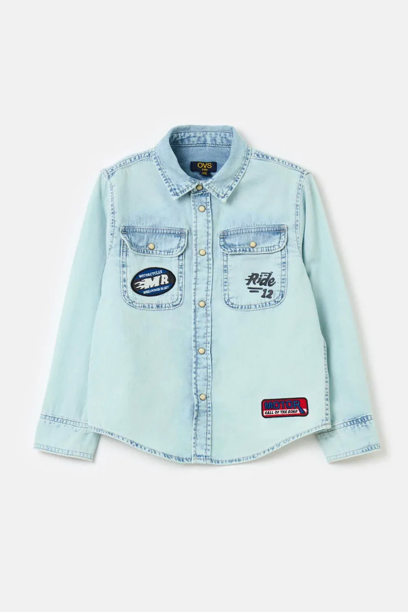 OVS παιδικό denim πουκάμισο μονόχρωμο με τσέπες flap και patches - 001965341 Denim Blue Ανοιχτό