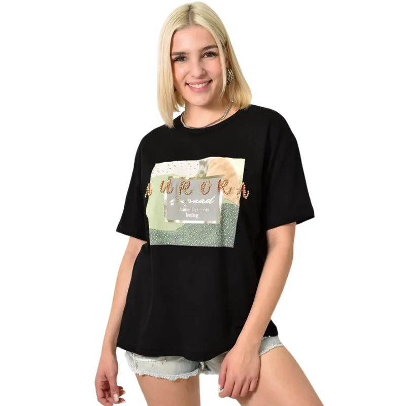 Γυναικείο T-shirt με στρας aurora Μαύρο 23966