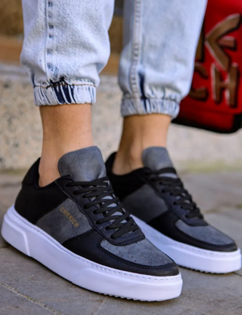 Ανδρικά μαύρα Sneakers δερματίνη με ανθρακί διχρωμία CH087