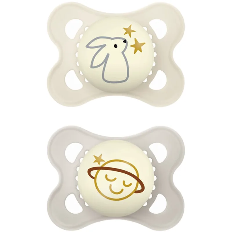 Mam Original Night Silicone Soother 2-6m Ορθοδοντική Πιπίλα Σιλικόνης που Λάμπει στο Σκοτάδι με Θήκη Μεταφοράς, 2 Τεμάχια Κωδ 110SUc - Κρεμ / Γκρι