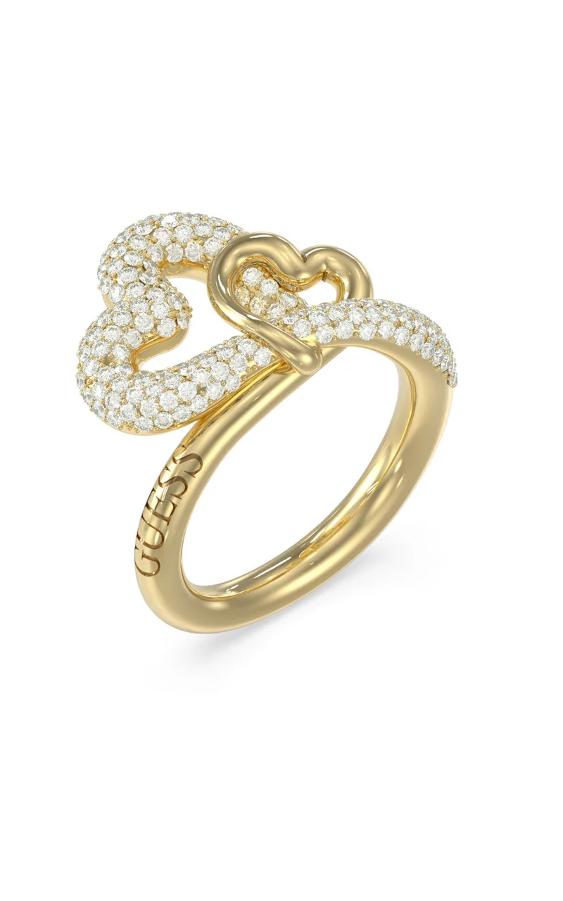 GUESS STEEL LOVE BITES JUBR06055JWYG-No.54 Δαχτυλίδι Χρυσό Με Καρδιές Με Πέτρες