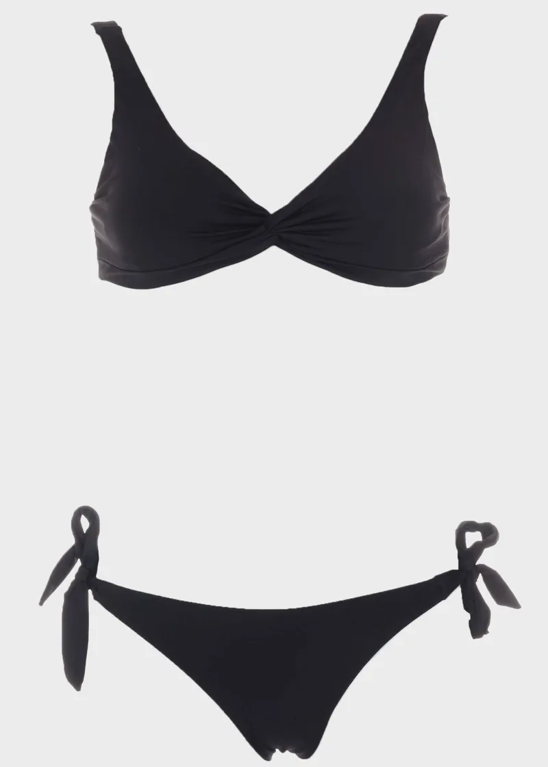 Γυναικείο σετ μαγιό bikini μονόχρωμο φαρδιές τιράντες αποσπώμενη επένδυση.Καλύπτει Β CUP. ΜΑΥΡΟ