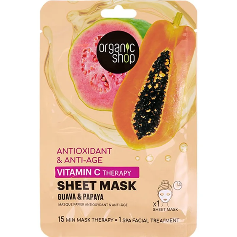 Organic Shop Vitamin C Therapy Antioxidant & Anti Age Sheet Mask Υφασμάτινη Μάσκα Προσώπου με Βιταμίνη C, Γκουάβα & Παπάγια για Αντιγήρανση με Αντιοξειδωτική Δράση 1 Τεμάχιο