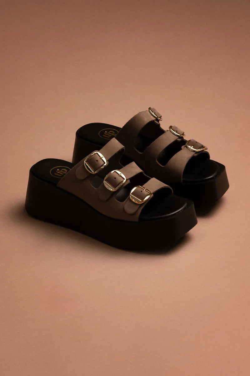 TFP Leather Flatform Sandals with Buckles - 2033 - Light Brown