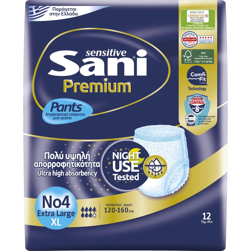 Sani Sensitive Premium Pants Ελαστικά, Απορροφητικά Εσώρουχα Ακράτειας μιας Χρήσης 12 Τεμάχια - No4 Extra Large