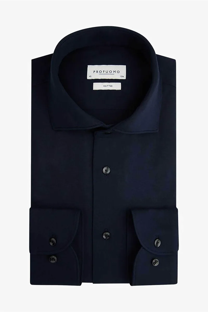 Profuomo ανδρικό πουκάμισο μονόχρωμο Slim Fit "Single Jersey Knitted" - PP2H00005C Σκούρο Μπλε