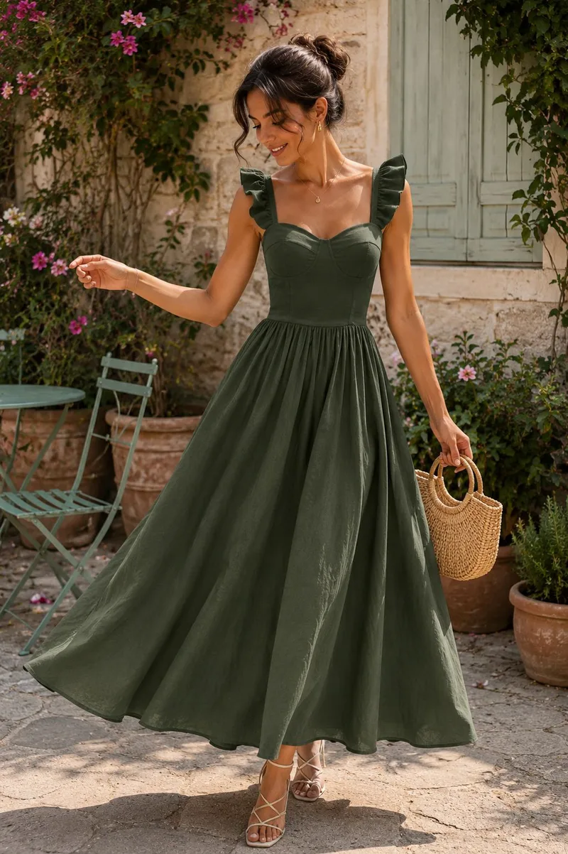 Ρομαντικό Maxi Φόρεμα με Βολάν Τιράντες - Χακί | Dress Up Χακί