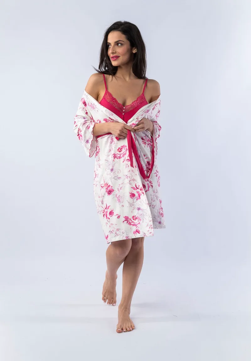 Σετ Ρόμπα - Νυχτικό Ροζ Lace Floral 12850