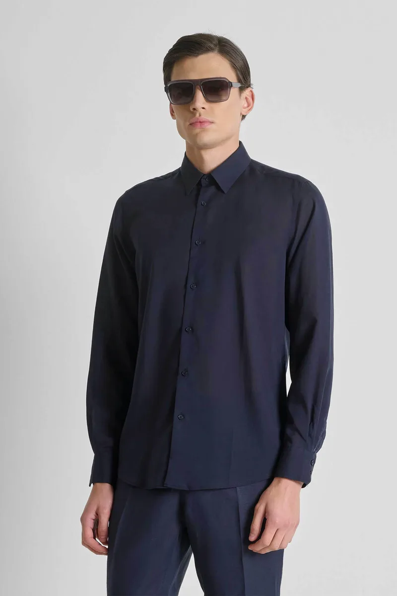 Antony Morato ανδρικό πουκάμισο μονόχρωμο Regular Fit "Νapoli" - SL00799FA400094 Μπλε Σκούρο