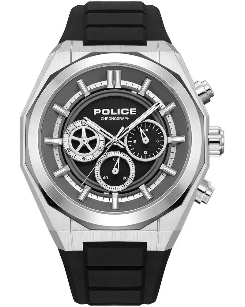 POLICE Steward Chronograph - PEWGO0093702, Silver case with Black Rubber Strap
