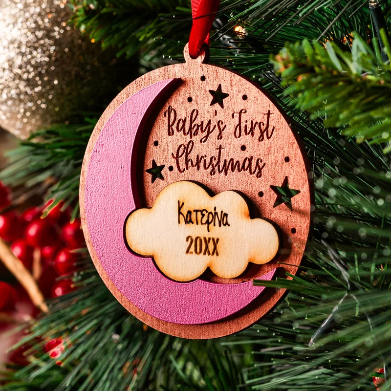 Baby's First Christmass Moon - Ξύλινο Στολίδι - Ροζ