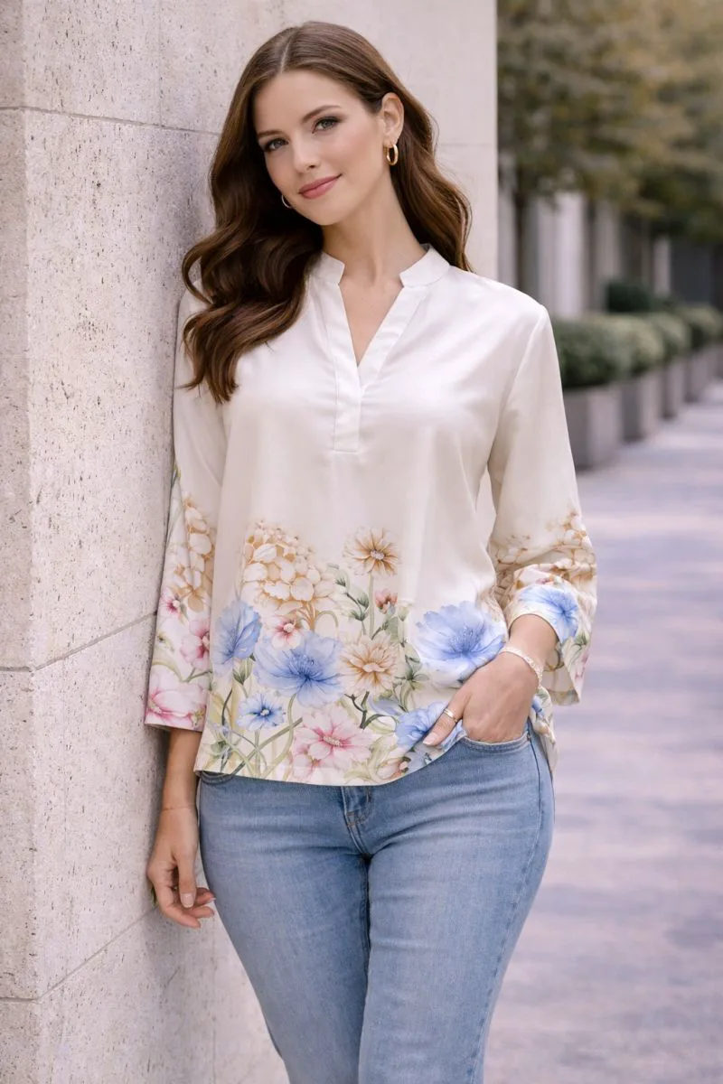 Μπλούζα Σατέν Με FLoral Print Σε Άσπρο Χρώμα Άσπρο