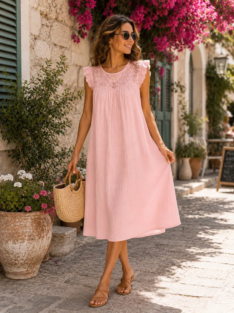 Αέρινο Midi Φόρεμα Με Δαντέλα - Ροζ | Dress Up Ροζ