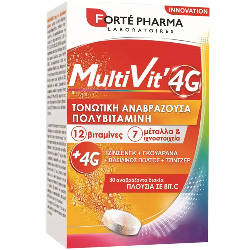 Forte Pharma Multivit 4G Τονωτική Αναβράζουσα Πολυβιταμίνη με Τζίνσενγκ, Γκουαράνα, Βασιλικό Πολτό & Τζίντζερ 30 Effer.tabs