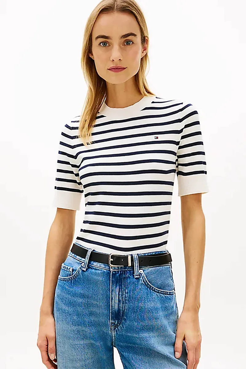 Tommy Hilfiger γυναικείο πουλόβερ με ριγέ σχέδιο και κεντημένο logo Regular Fit - WW0WW49705 Ασπρόμαυρο