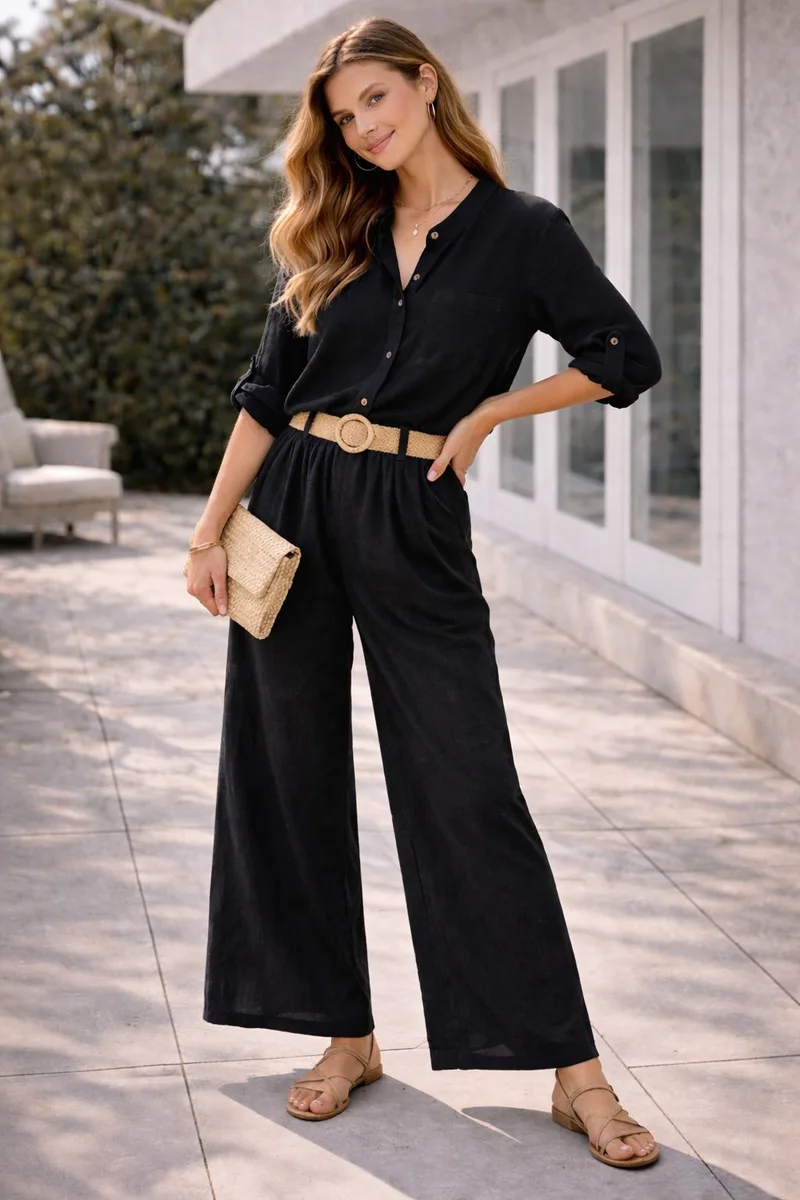 Γυναικείο Σετ Πουκάμισο & Παντελόνα – Αέρινο Casual Chic Σύνολο Σε Μαύρο Χρώμα | Dress Up Μαύρο