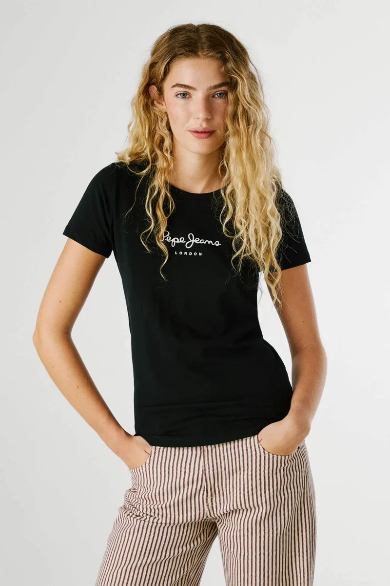 Pepe Jeans γυναικείο T-shirt μονόχρωμο με logo print - PL505202 Μαύρο