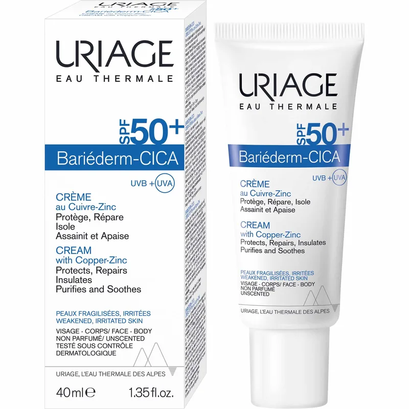 Uriage Bariederm Cica Spf50+ Copper - Zinc Cream Προστατευτική, Αναπλαστική Κρέμα Προσώπου - Σώματος με Πολύ Υψηλής Προστασία, Κατάλληλη για Ερεθισμένες & Αδύναμες Επιδερμίδες 40ml