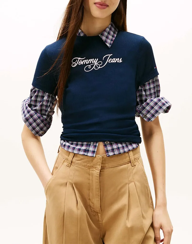 TOMMY JEANS TJW SLIM ESS LOGO 1 RIB TEE EXT DW0DW21838-C1G DarkBlue