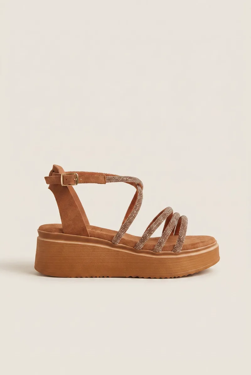 Estil Flatform με Λουράκια από Στρας - 26NK-1435 - Tan Suede