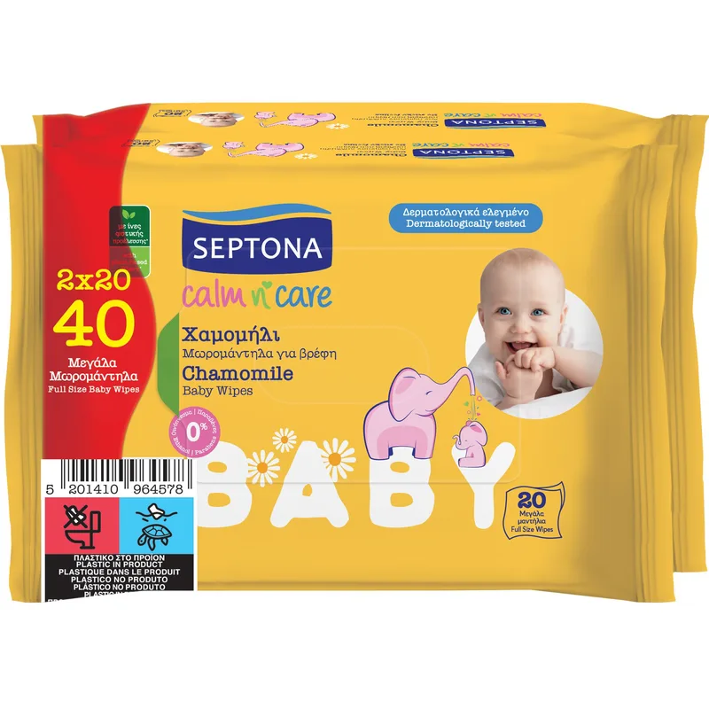 Septona Calm n' Care Chamomile Baby Wipes Μωρομάντηλα με Εκχύλισμα Χαμομηλιού & Βιταμίνη Ε για Απαλό Καθαρισμό 40 Τεμάχια (2x20 Τεμάχια)