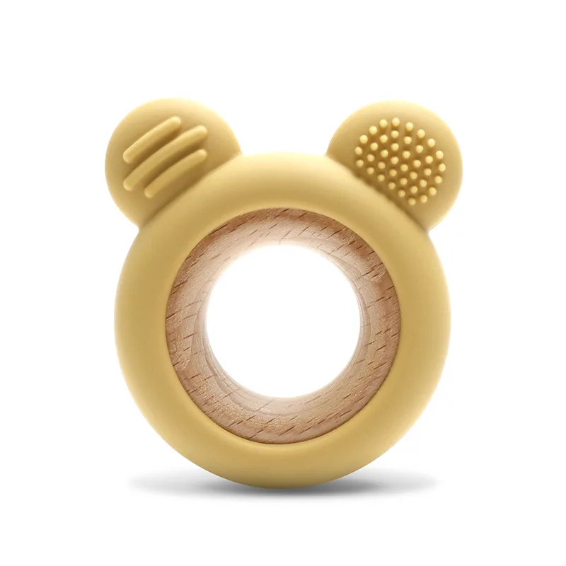 SILICONE + BEECH TEETHER BEAR NATURAL YELLOW