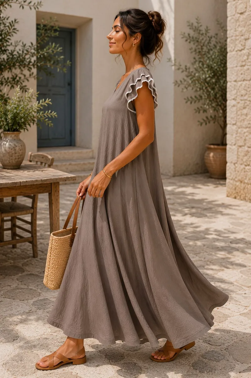 Αέρινο Maxi Φόρεμα με Βολάν Μανίκια - Μπεζ | Dress Up Μπεζ