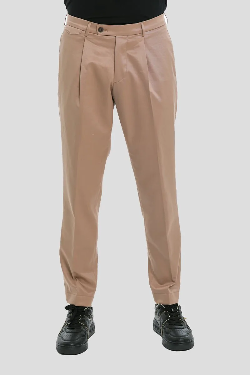 BERWICH Ανδρικό Μπεζ Light Brown Cotton Twill Flat Front Trousers