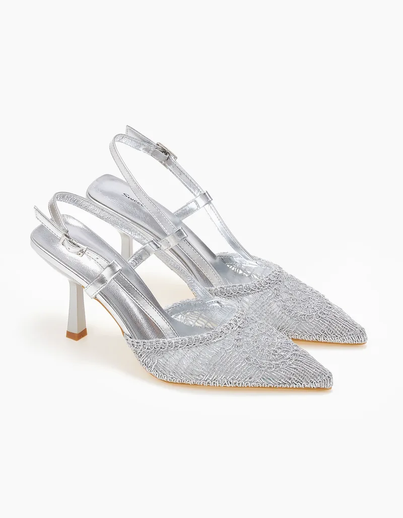 Μυτερές open heel γόβες με πλεκτό σχέδιο - Ασημί
