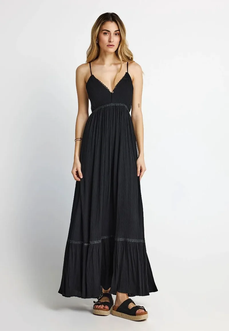 Funky Buddha Γυναικείο Maxi Φόρεμα με Λεπτές Τιράντες FBL013-102-13 Μαύρο