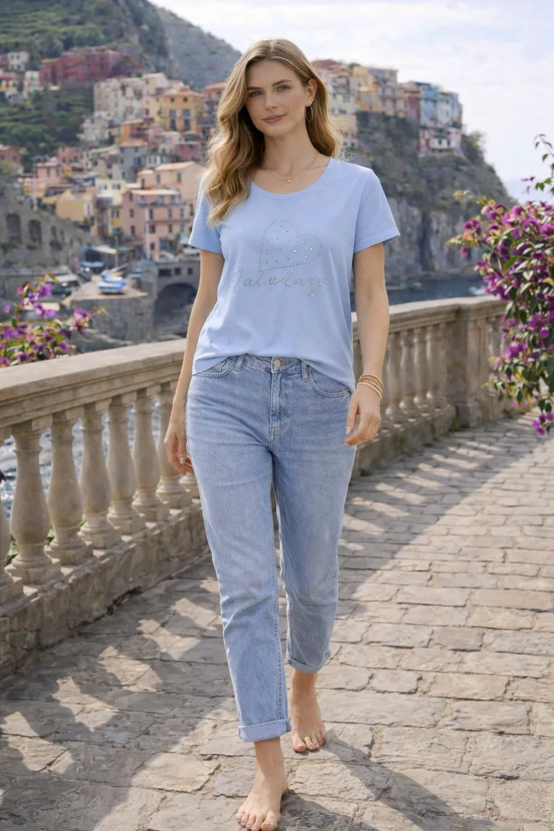 T-Shirt Με Πέρλες Και Σχέδιο Καρδιάς – Σιέλ | Dress Up Σιέλ