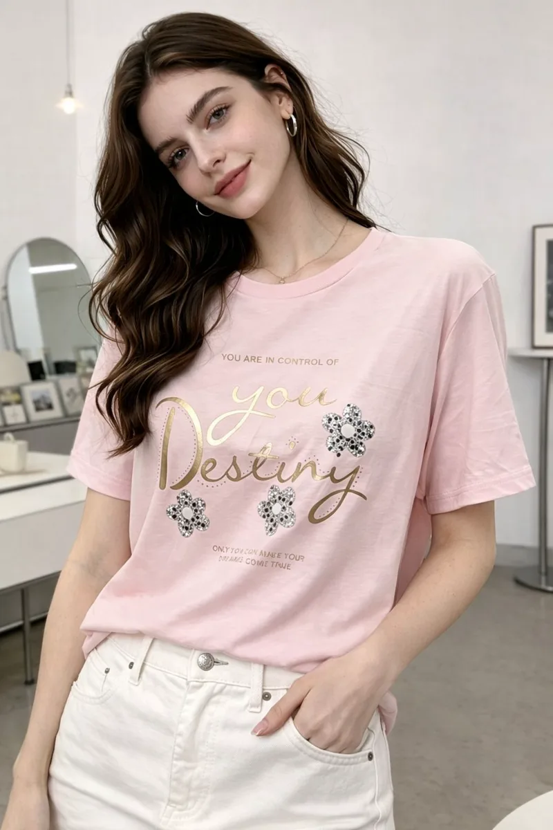 T-shirt Με "You Destiny" Print & Στρας - Ροζ | Dress Up Ροζ